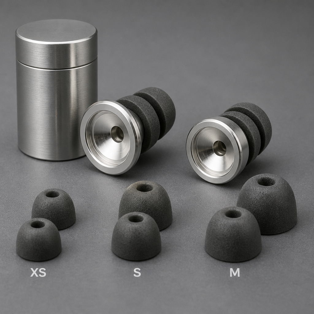 Premium metal ear plugs with three sizes of foam tips displayed on neutral background