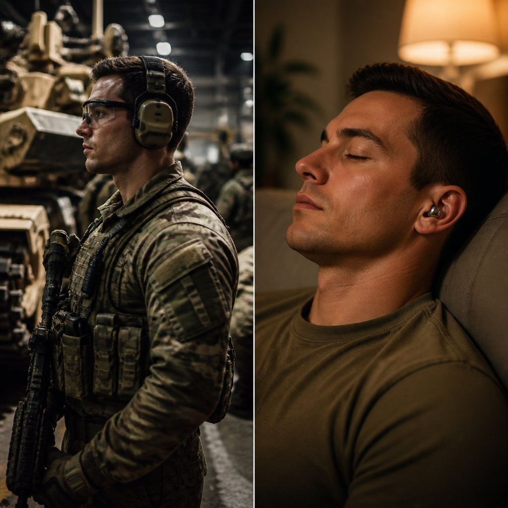 Split-screen showing military noise exposure and recovery with ear protection
