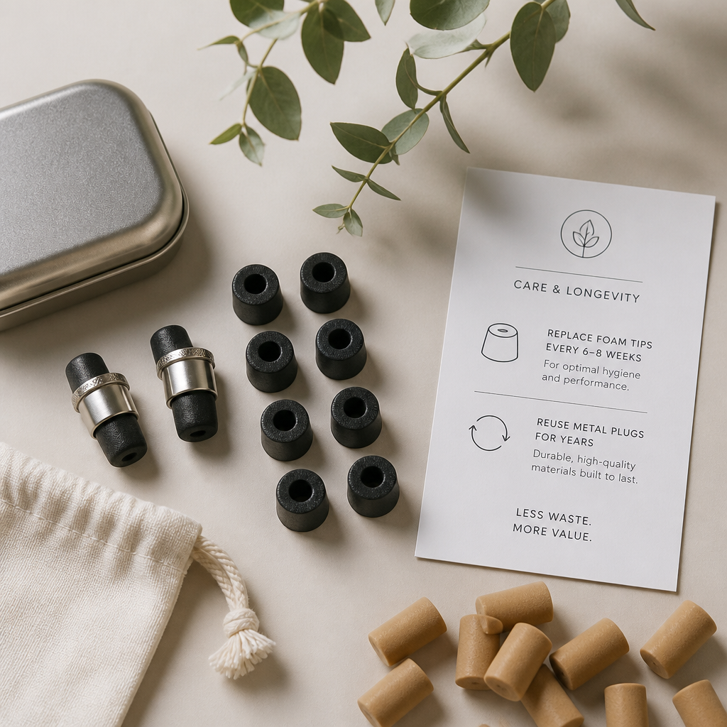 Flat-lay of reusable ear plugs with replacement foam tips showing sustainable design