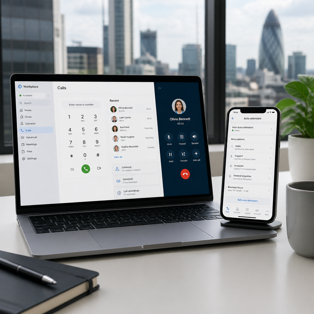 Laptop and smartphone displaying unified VoIP calling interface on a modern office desk