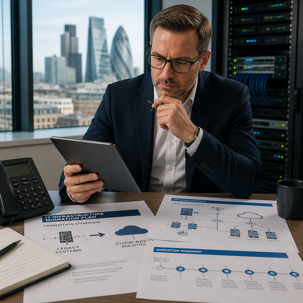 Business professional reviewing IT migration plans and network documentation for phone system upgrade