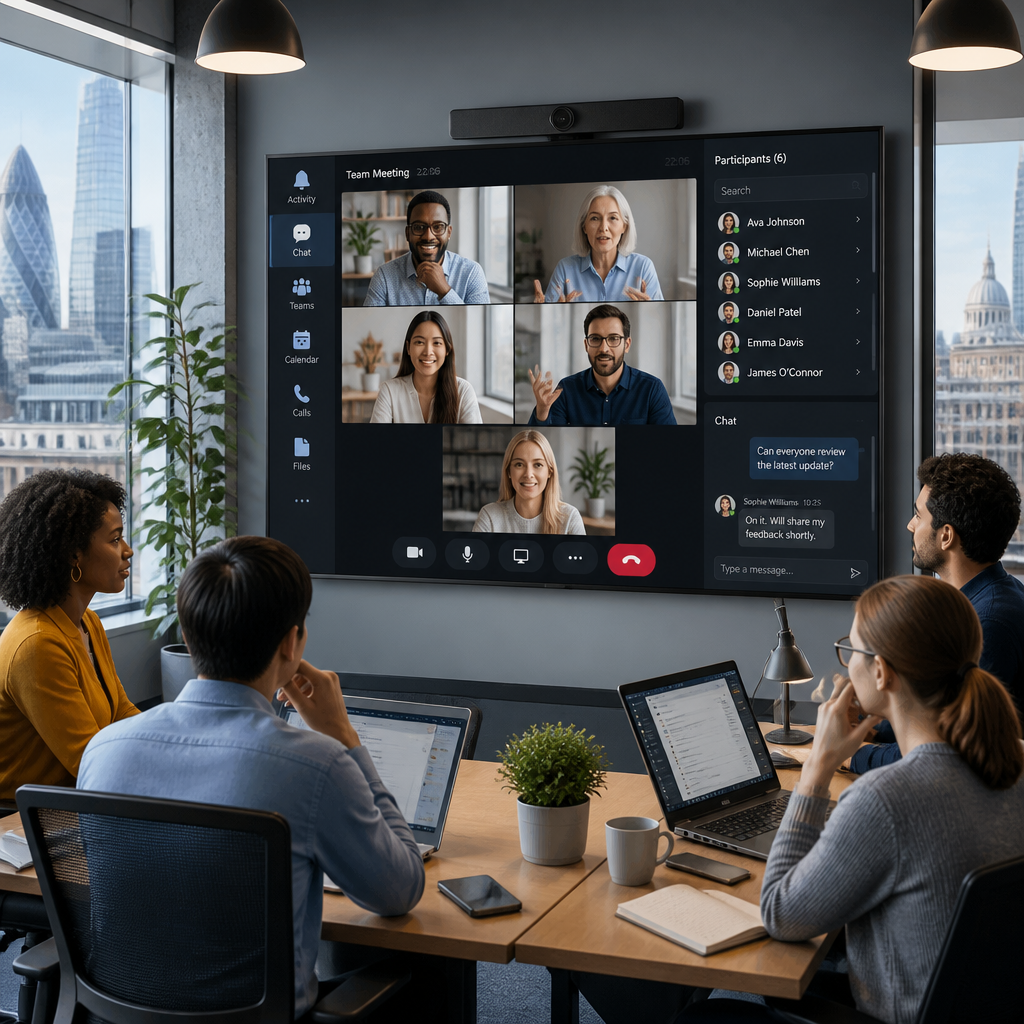 Office team conducting video conference call showing integrated Teams calling and collaboration features
