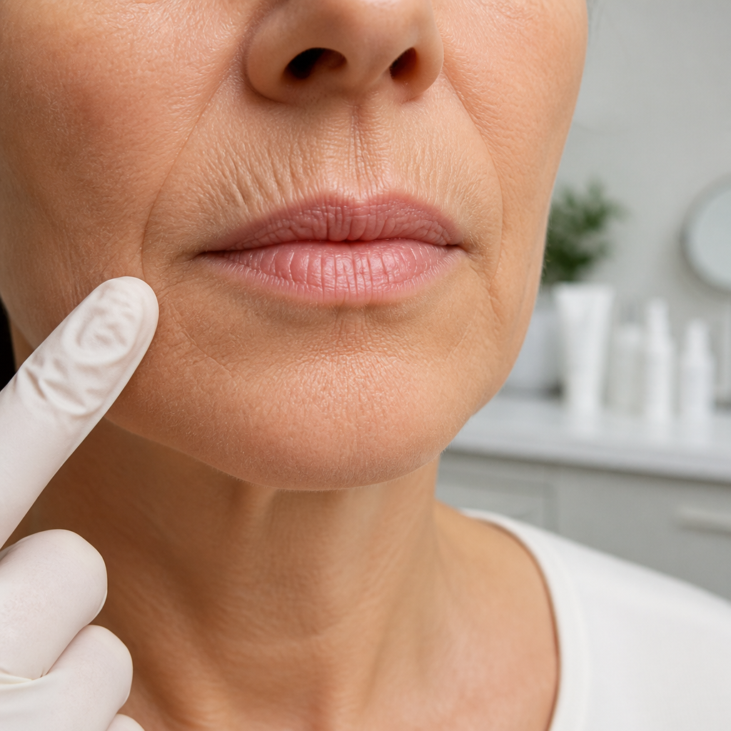 Close-up of perioral lines and vertical lip wrinkles on mature skin