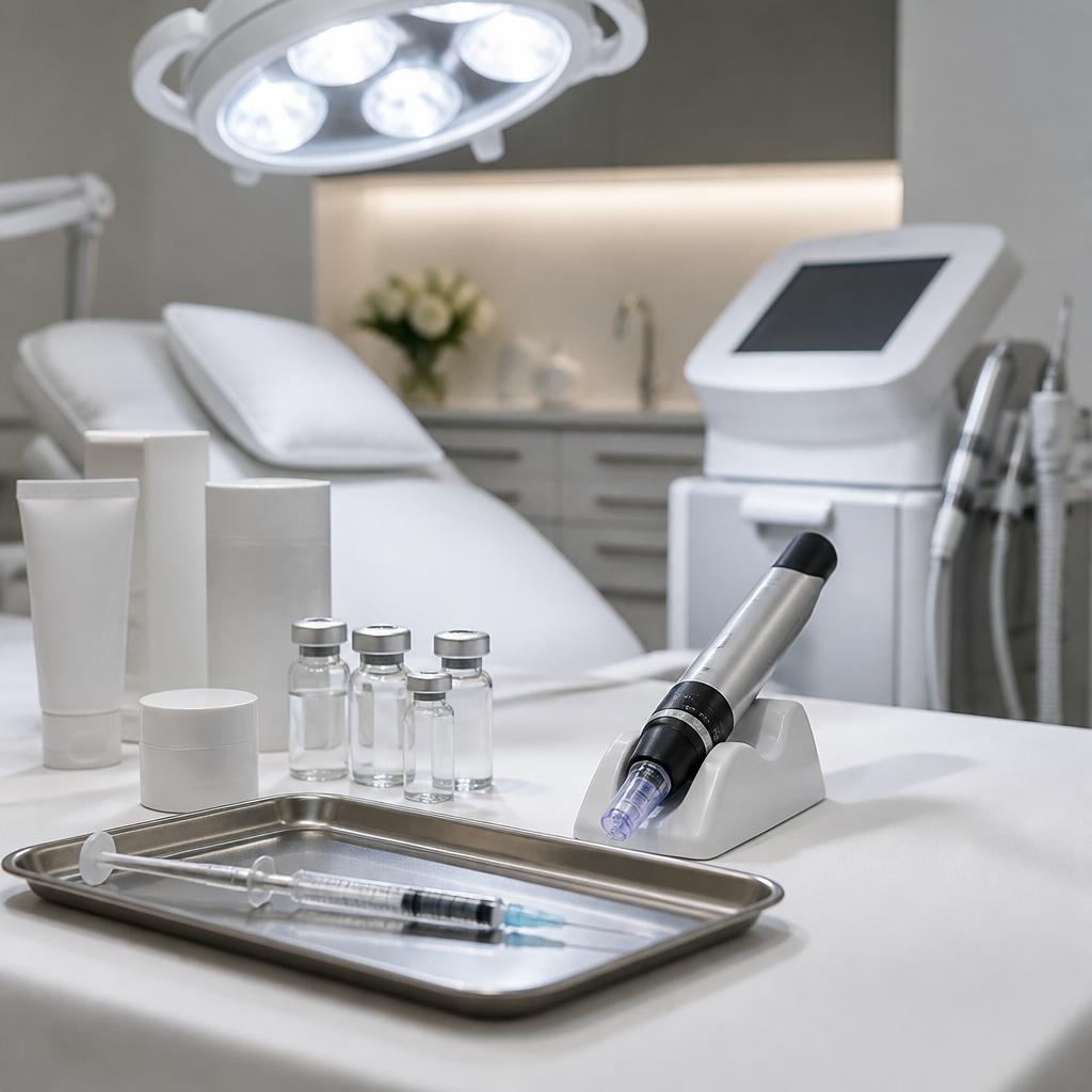 Medical aesthetic treatment equipment and injectables in a professional medispa clinic