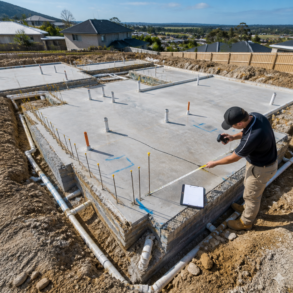 Bird's-eye view of a new home foundation and slab inspection documenting structural elements.
