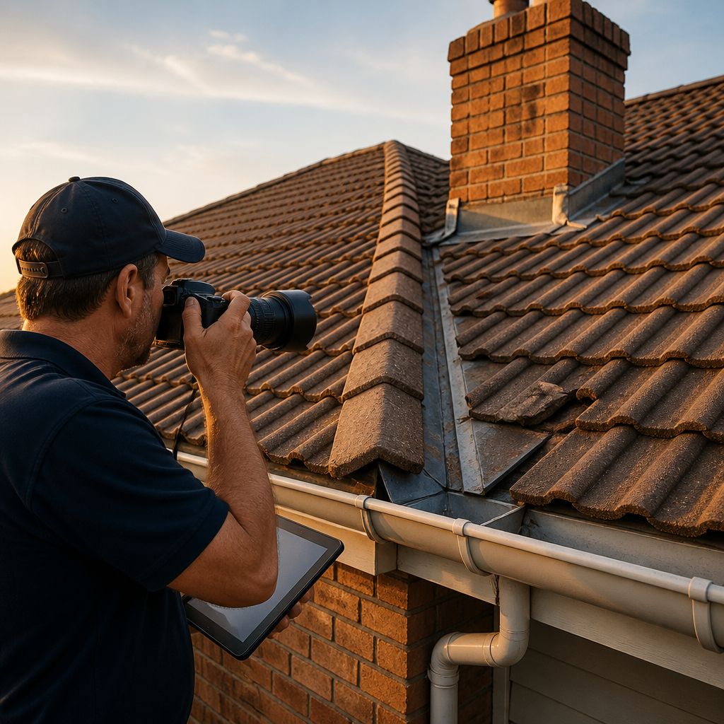 Home inspector documenting roof cladding and flashing defects from a height.
