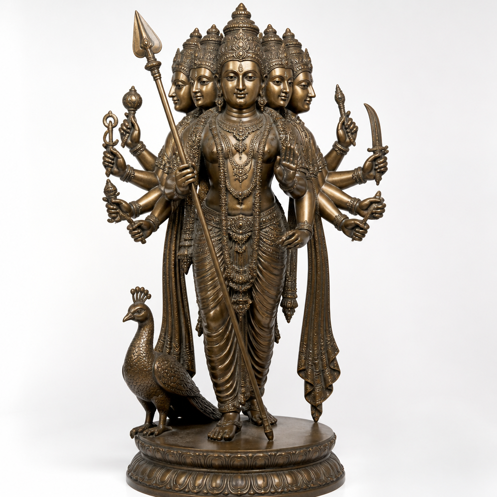 Murugan statue with six faces and vel spear, museum-quality sculpture photographed against white background