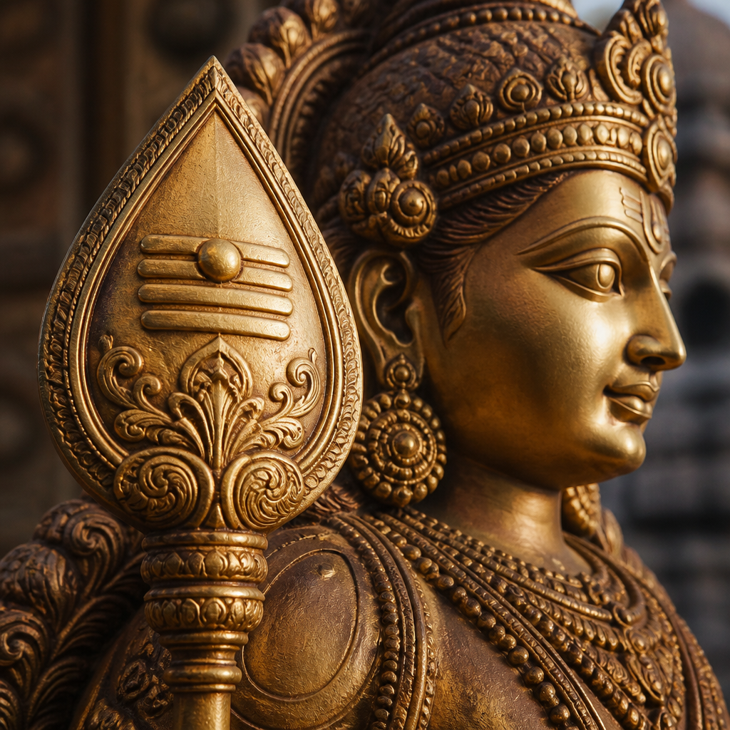 Detail of Murugan statue's vel spear and carved sculptural elements