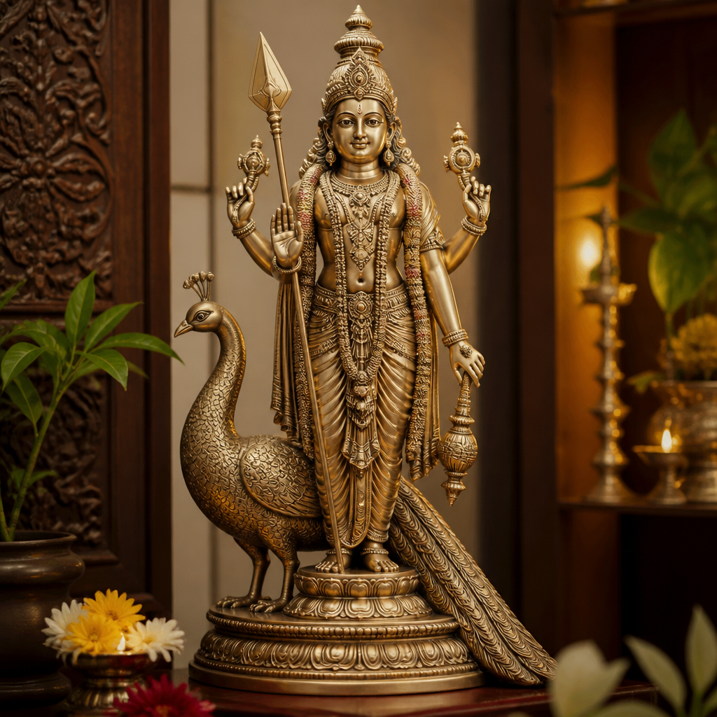 Murugan statue with peacock vahana, South Indian Hindu deity sculpture in altar setting