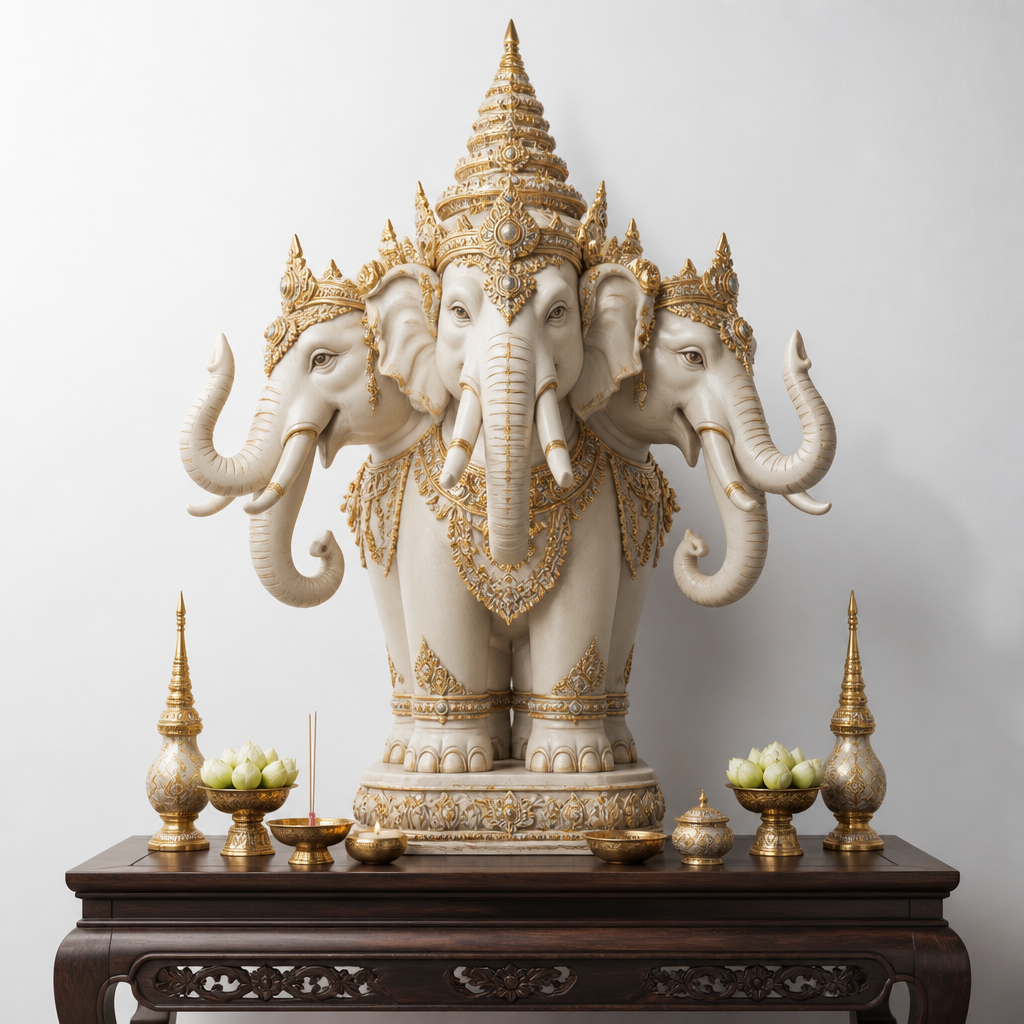 Statue d'éléphant d'Erawan à plusieurs têtes avec détails dorés sur un autel de cérémonie