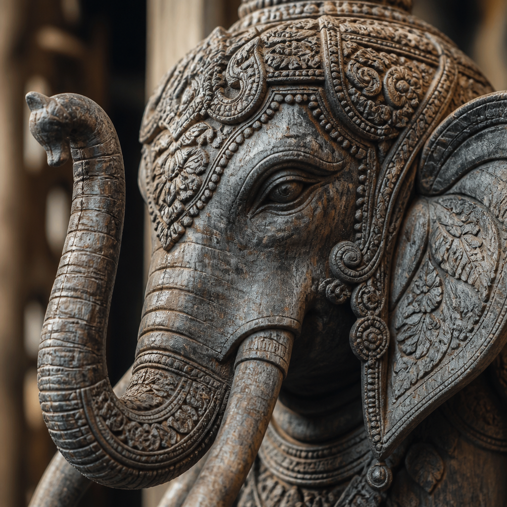Gros plan sur les détails de la statue d'Erawan sculptée à la main, montrant un savoir-faire artisanal