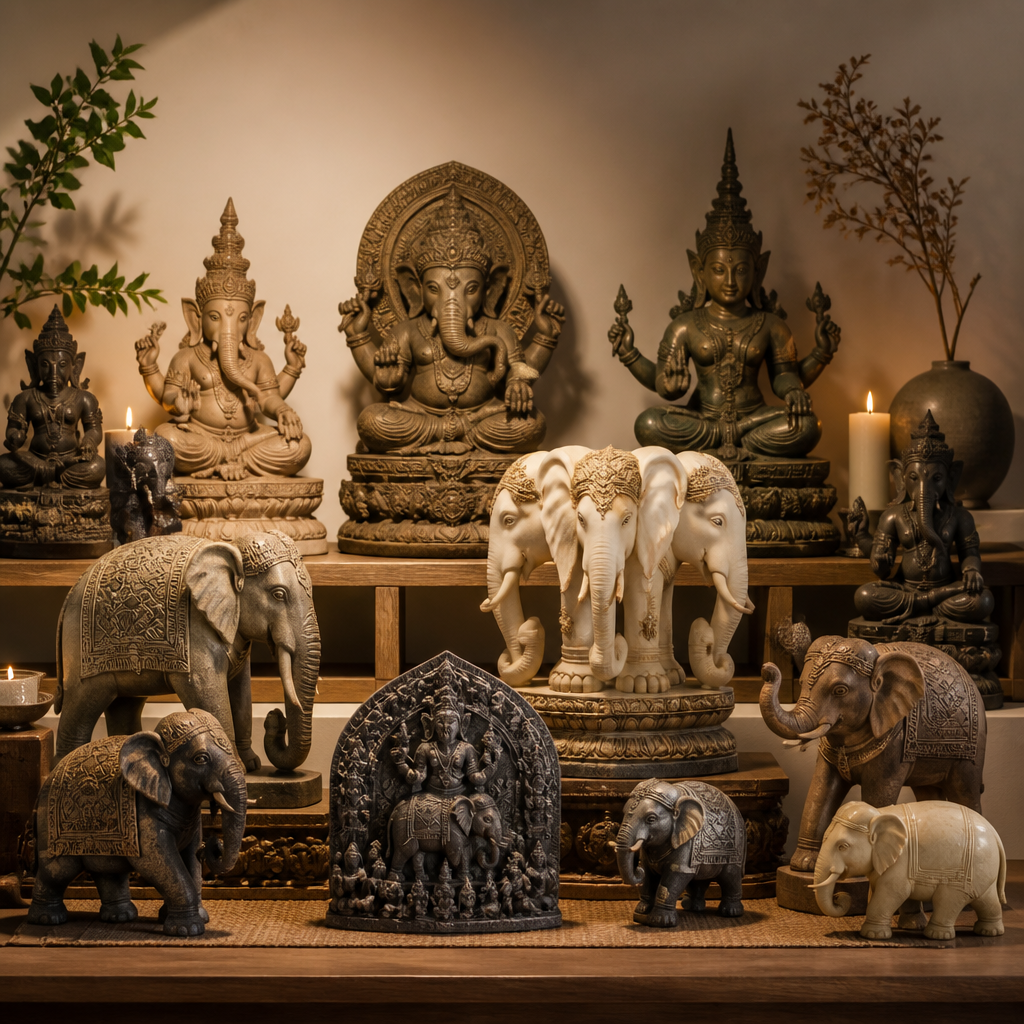 Collection organisée de statues d'Erawan et de divinités représentant les traditions sculpturales asiatiques