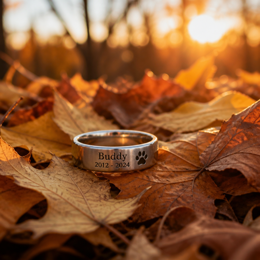 Engraved pet memorial ring on autumn leaves with warm golden light