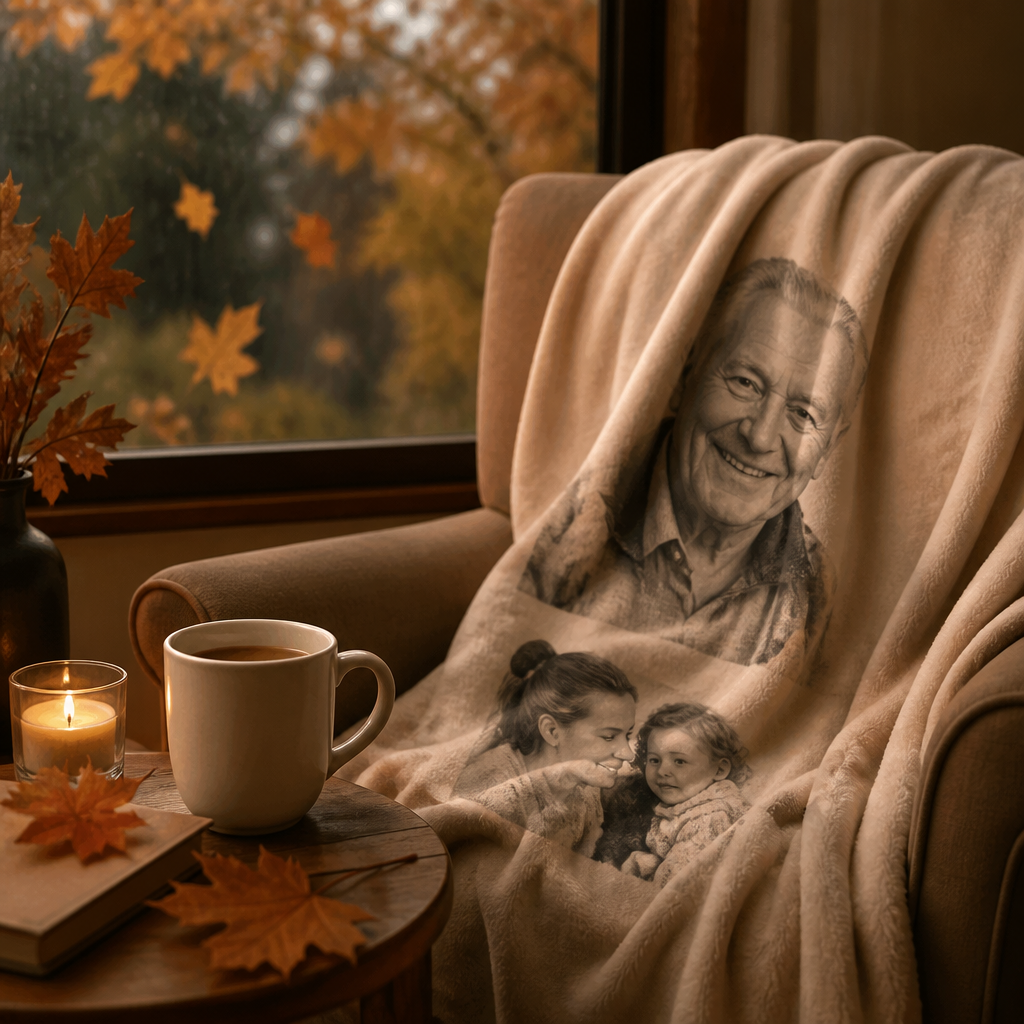 Personalized ceramic mug and blanket memorial items by an autumn window