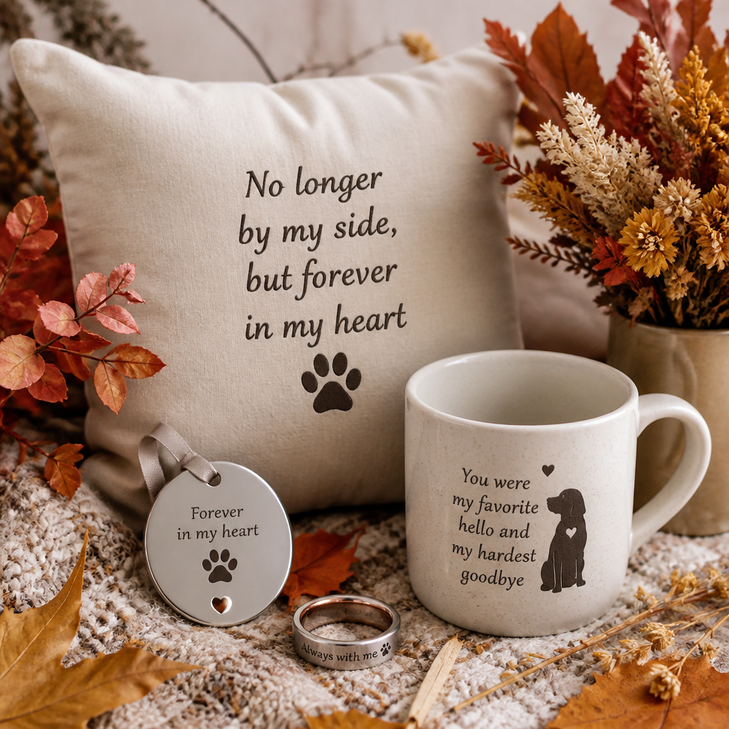Collection of personalized pet memorial products arranged with autumn leaves and branches
