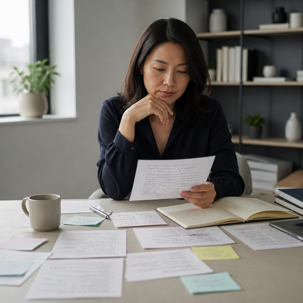Professional woman reviewing career documents and notes on a desk workspace