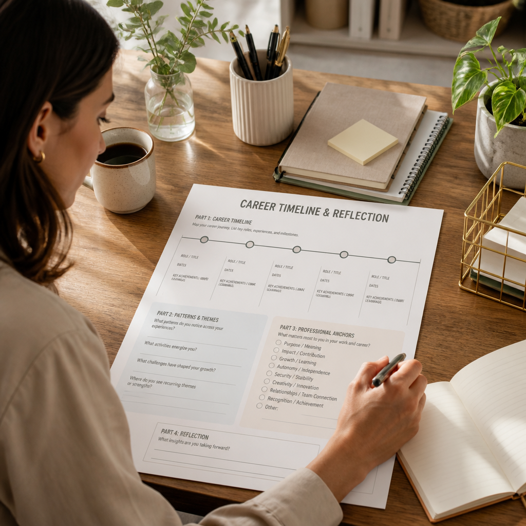 Desk setup showing career reflection worksheet and professional planning materials