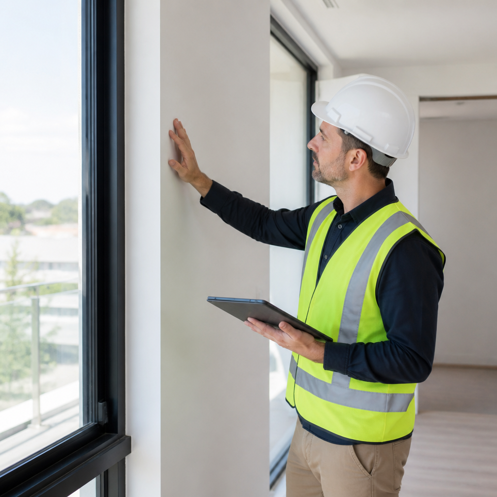 Licensed home inspector examining new construction details with inspection equipment and tablet