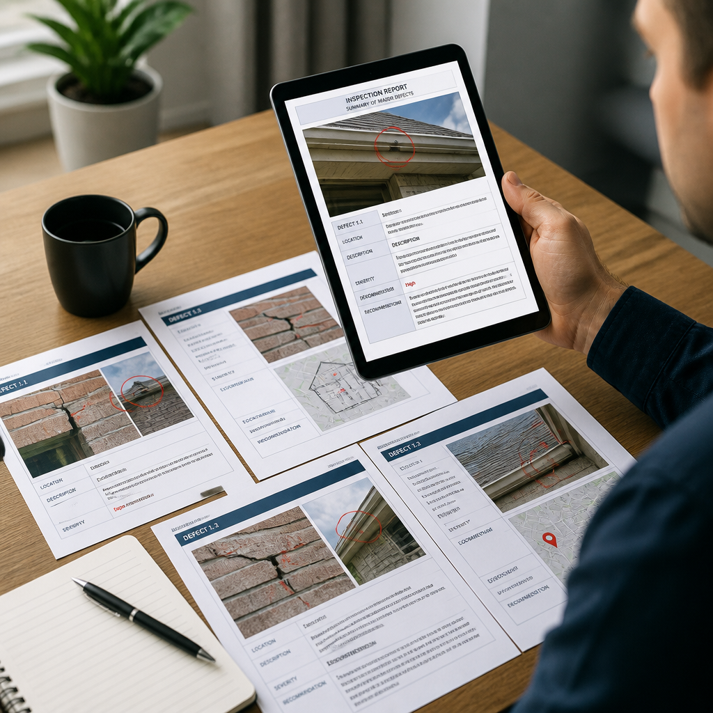 Professional home inspection report with photo documentation and defect details on tablet and paper