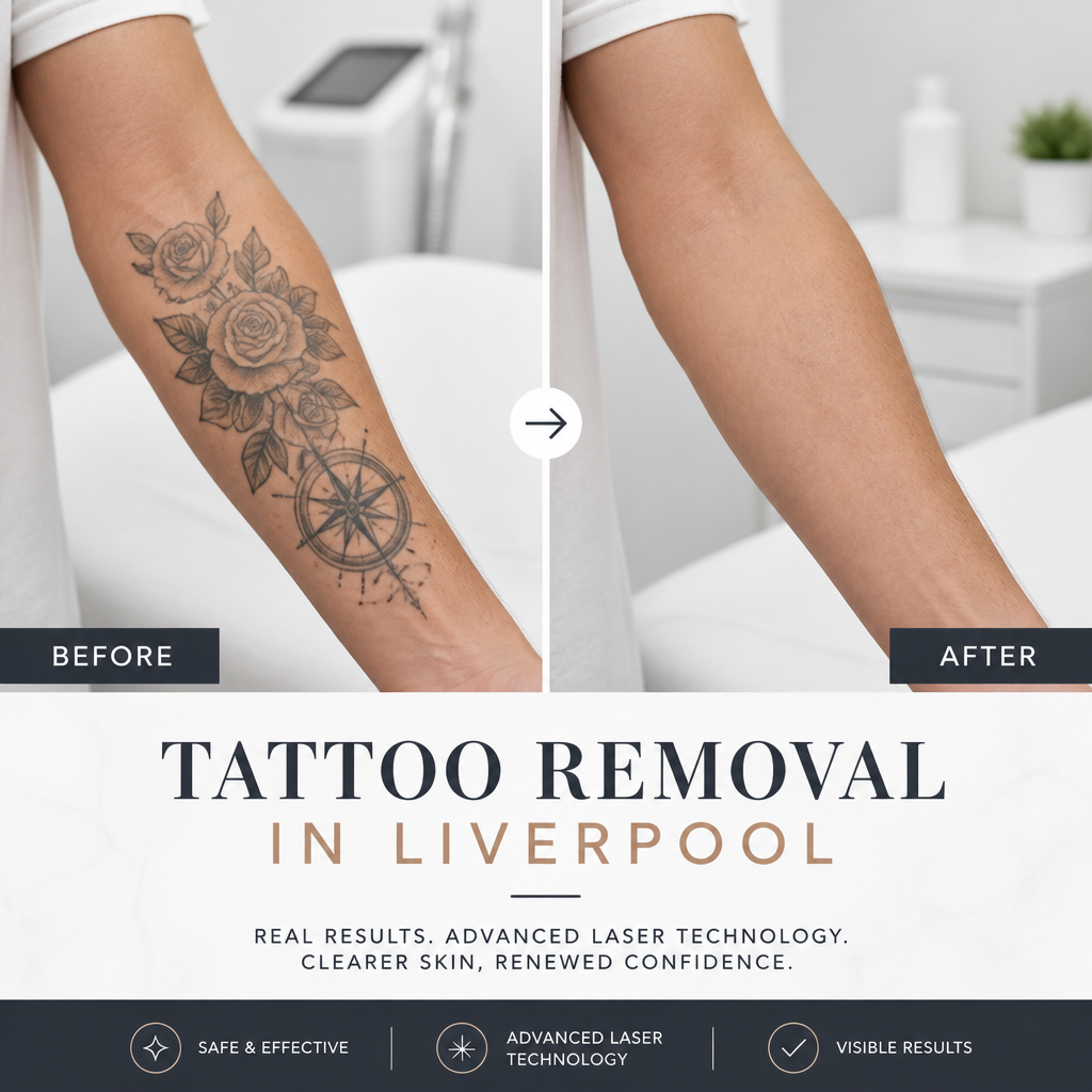 Before and after comparison showing tattoo removal results after laser treatment sessions