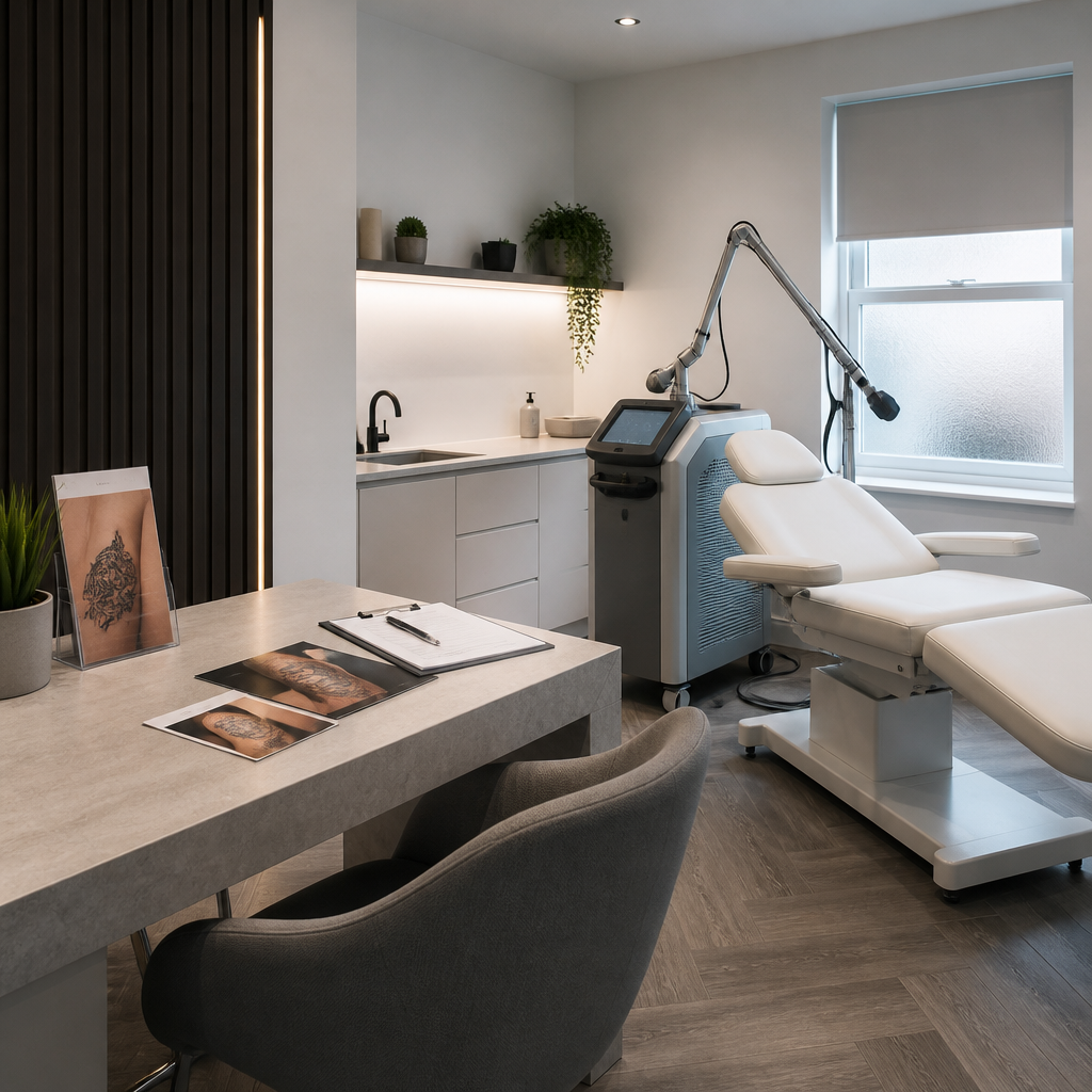 Modern, welcoming laser treatment clinic interior showing professional clinical space and equipment