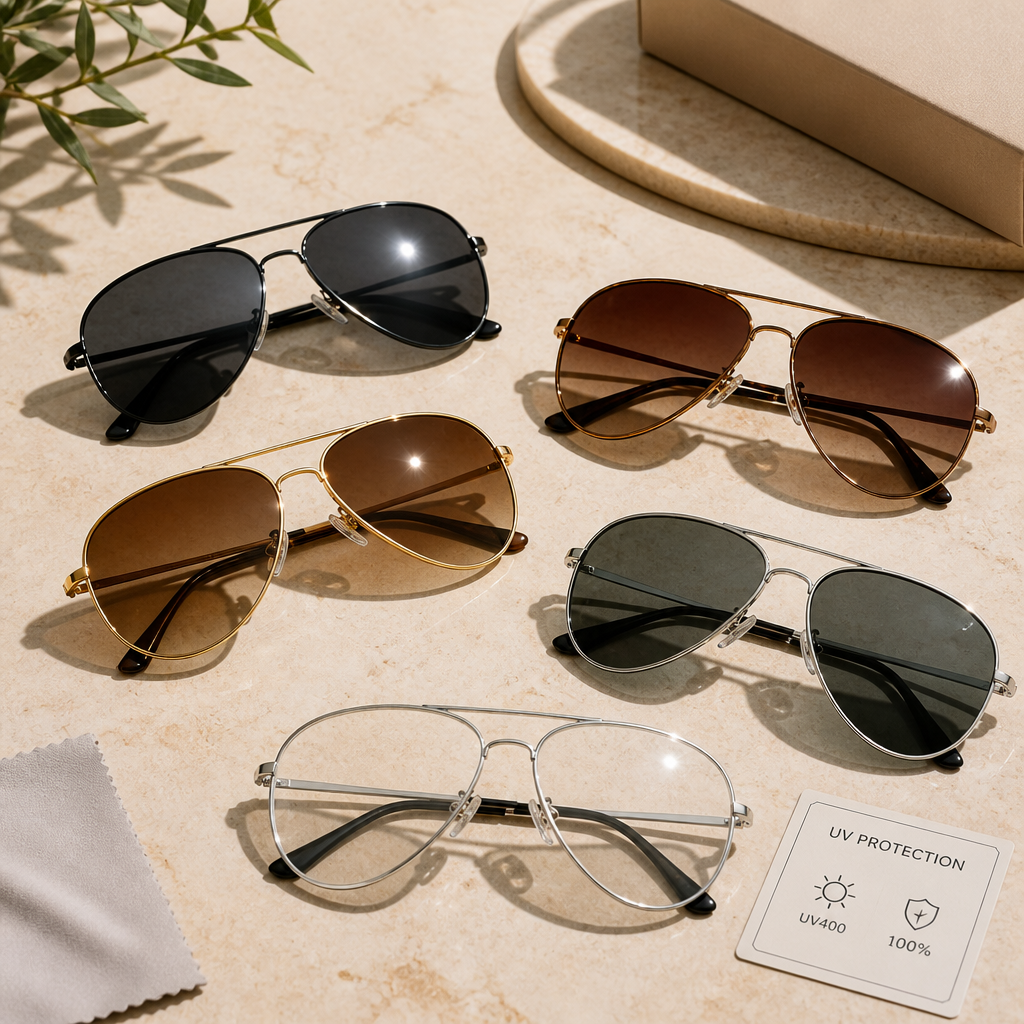 Collection of premium aviator sunglasses with different lens tints arranged on marble surface in natural light