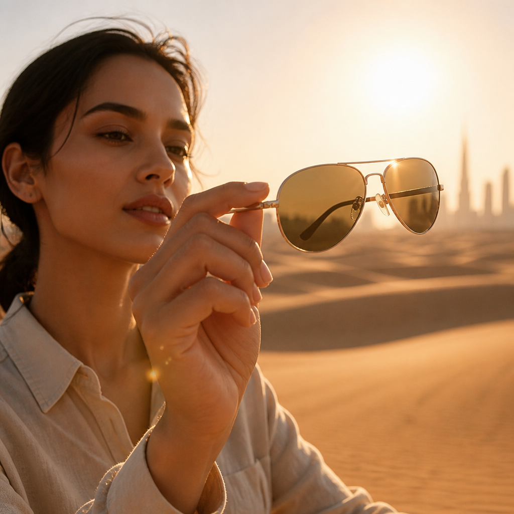 Aviator sunglasses held up against Dubai desert landscape showing frame clarity and UV protection in bright sunlight