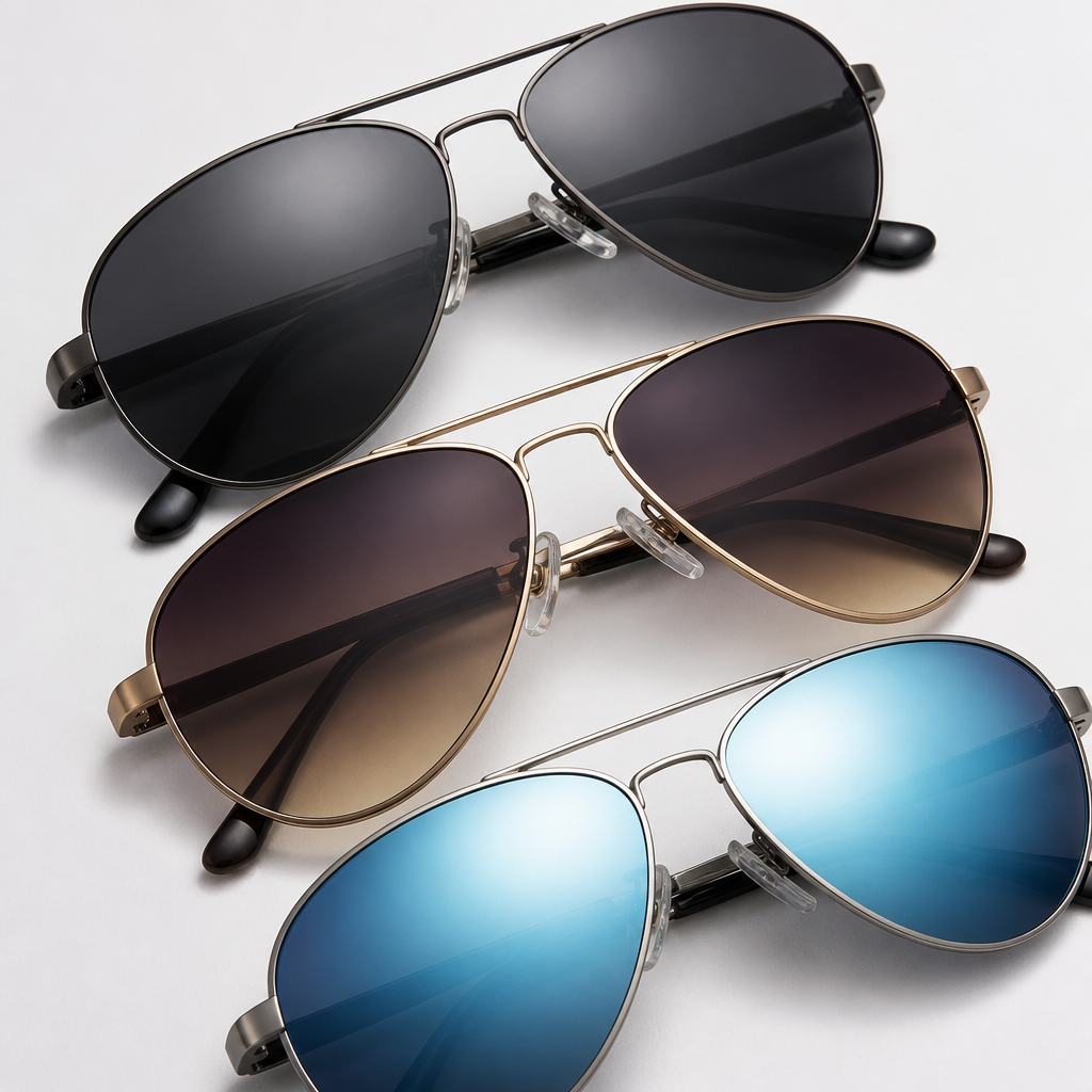 Close-up detail of three aviator frame styles showing different lens technologies and metal construction quality