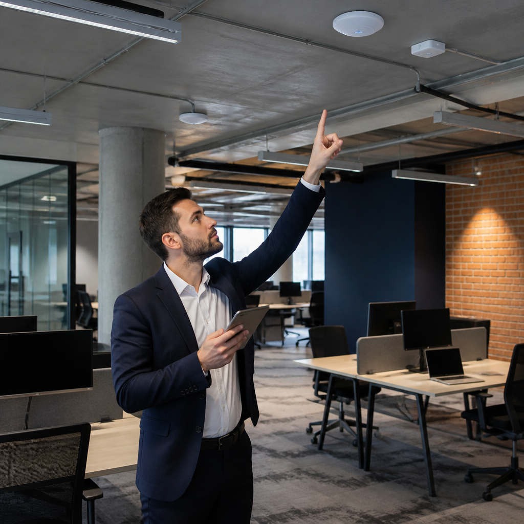IT technician conducting a site survey in a London open-plan office with surveying equipment