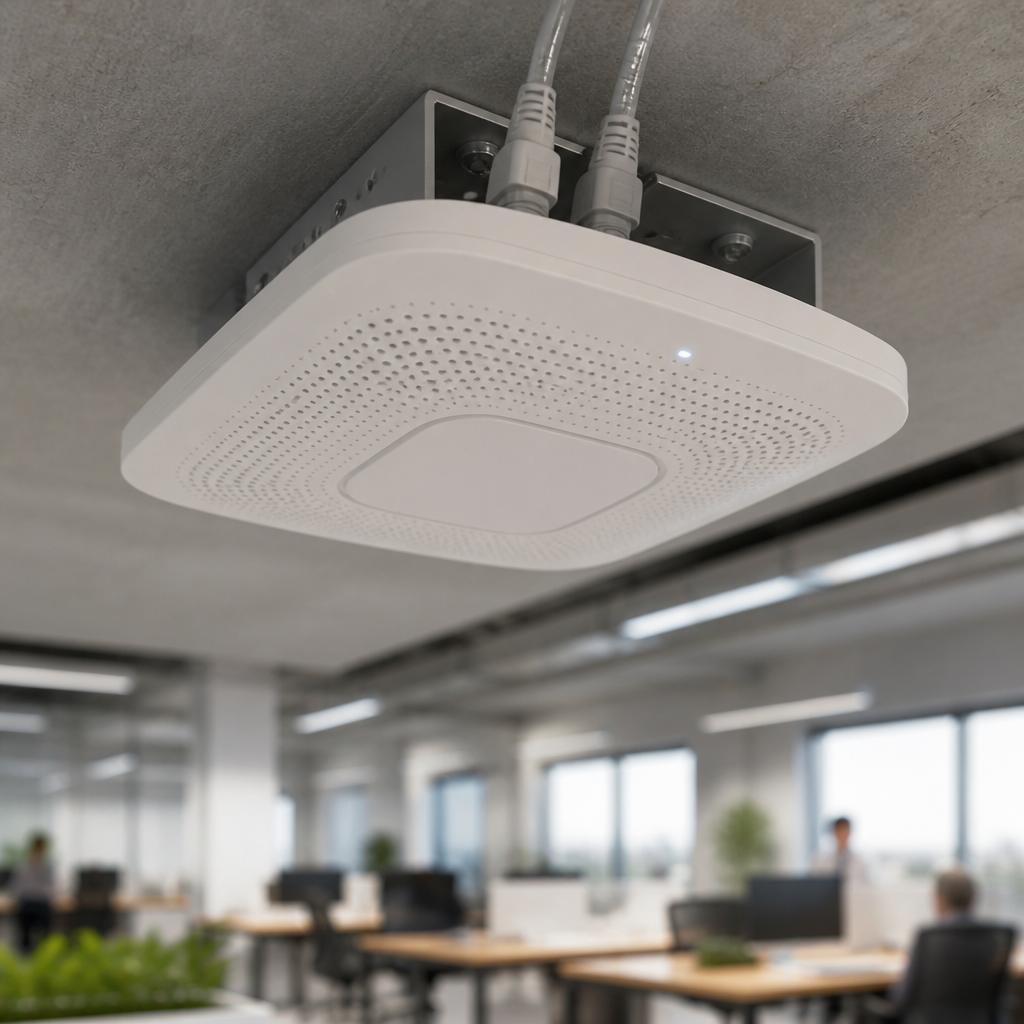 Enterprise-grade WiFi access point hardware in a professional office setting