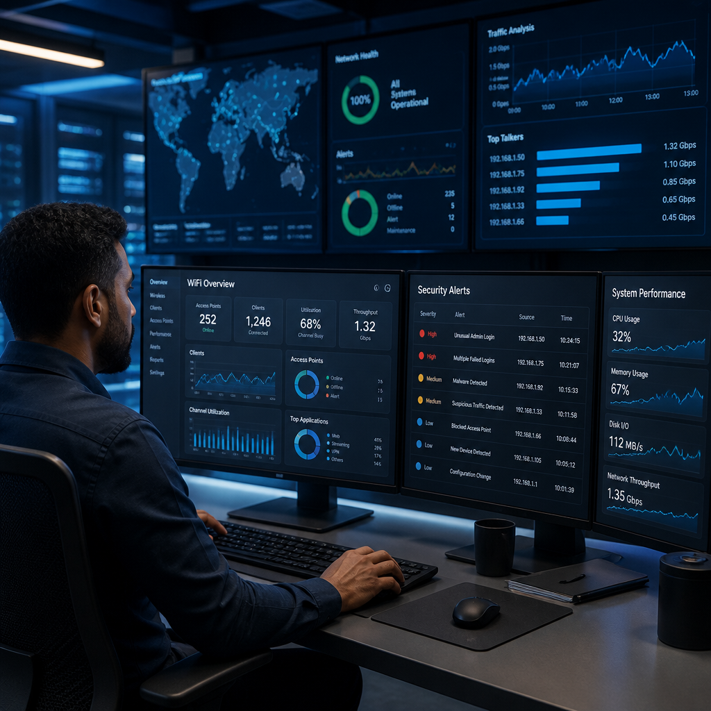 Managed IT services professional monitoring network performance on multiple displays in control room