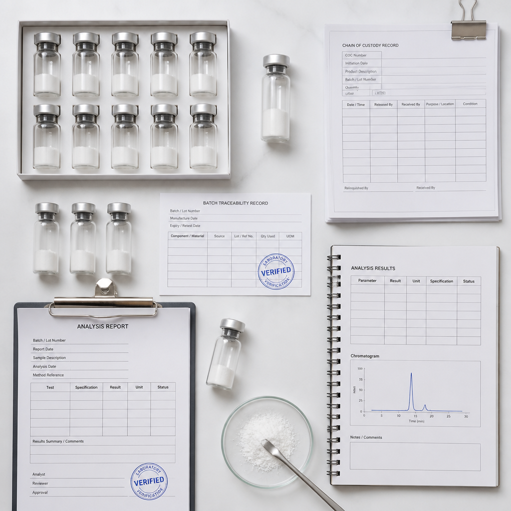 Lyophilized peptide vials with laboratory documentation and chain of custody records arranged for verification