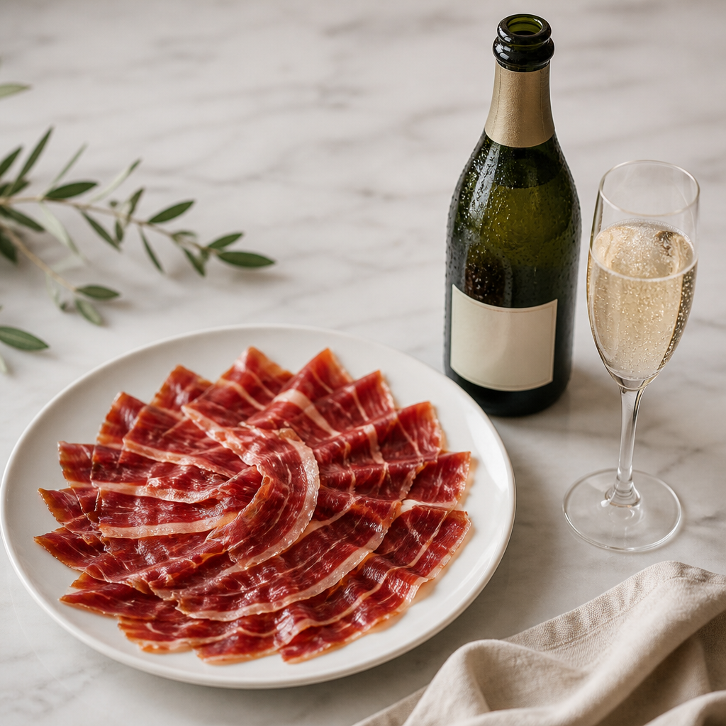 Sliced Iberian bellota ham on a plate next to an open bottle of Spanish cava and filled flute glass