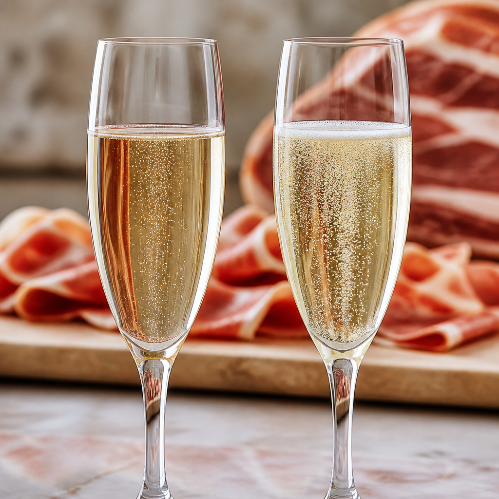 Two side-by-side flutes of champagne and cava showcasing sparkling bubbles and clarity comparison