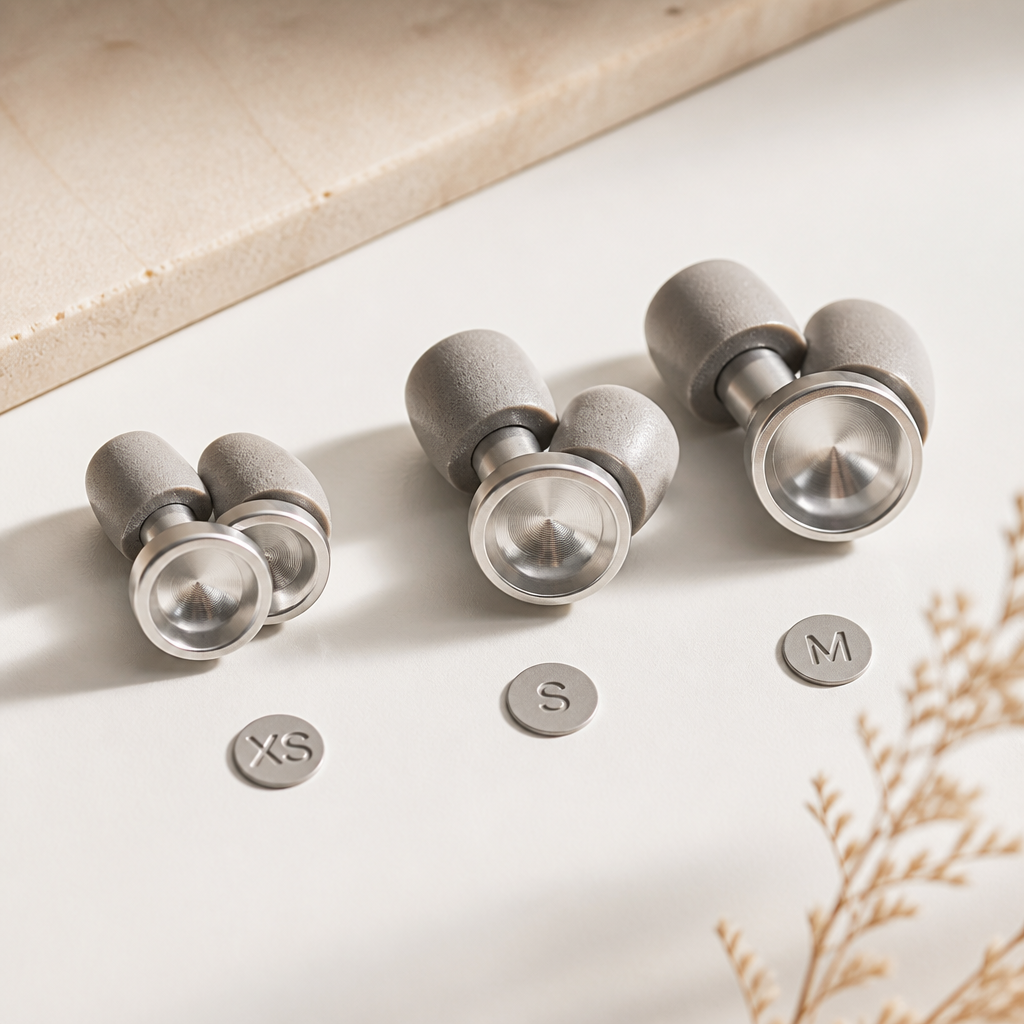 Premium metal reusable ear plugs with aluminium bodies and foam tips in three sizes arranged on white surface