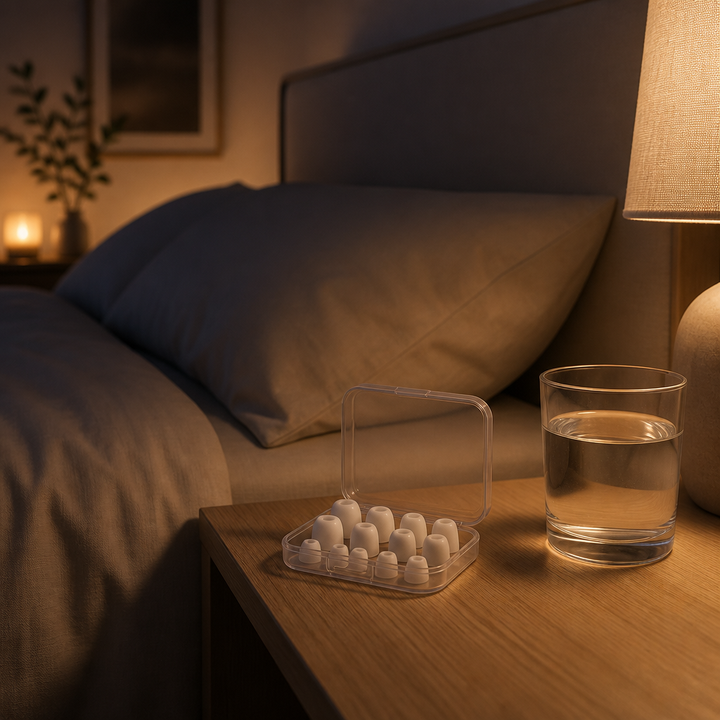 Peaceful bedroom setup with ear plug accessories on nightstand, promoting better sleep environment