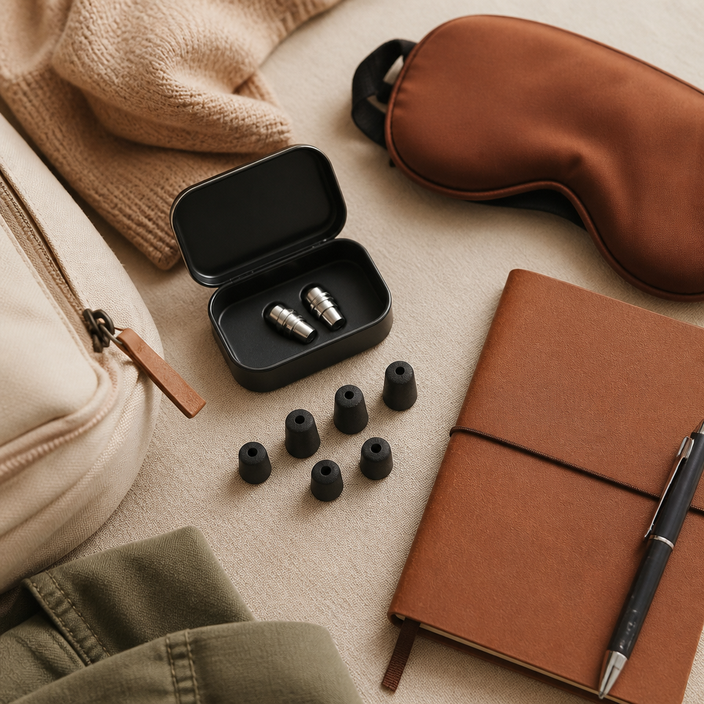 Travel essentials flat-lay featuring reusable ear plugs with replacement tips and accessories