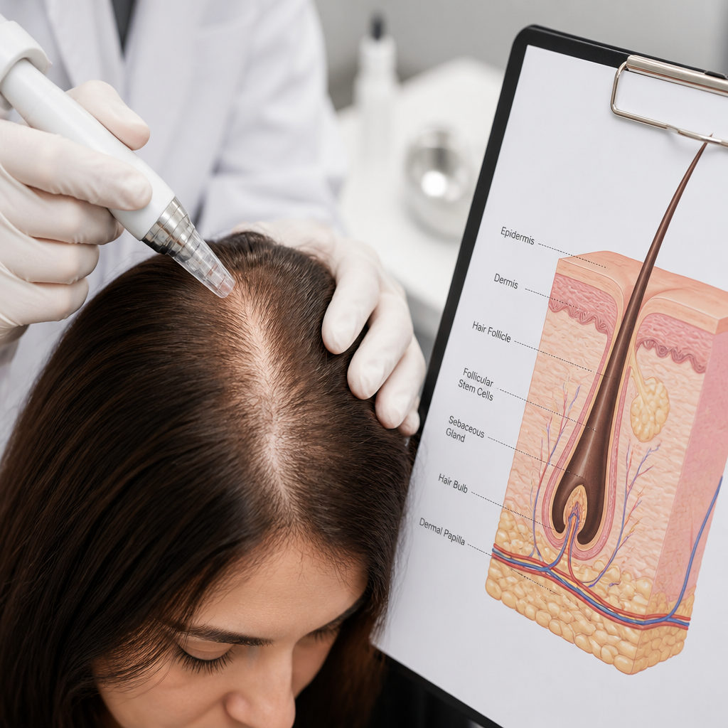Medical professional demonstrating PRP scalp treatment injection points with anatomical diagram