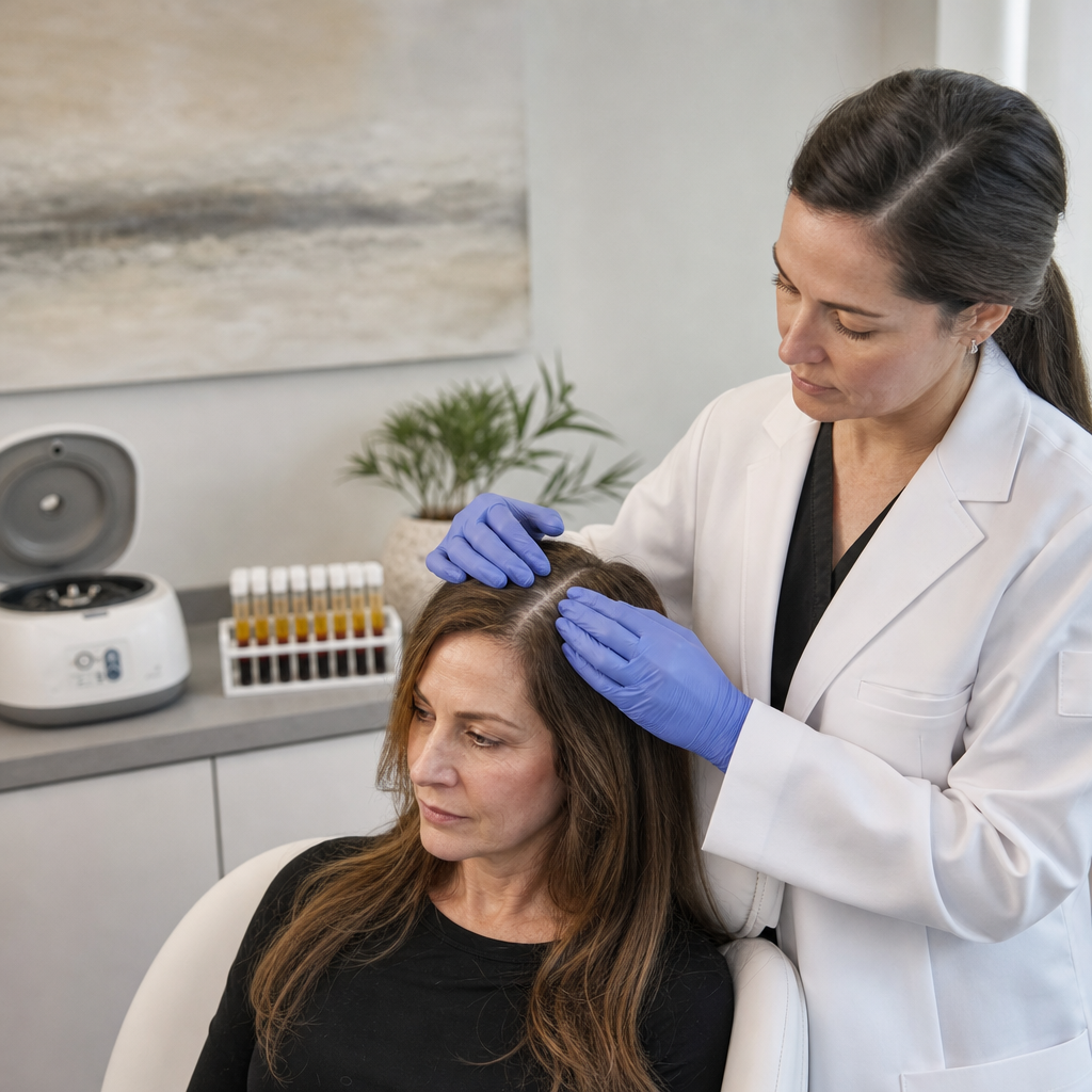 Medical spa treatment room with reclined chair and practitioner preparing for PRP hair therapy