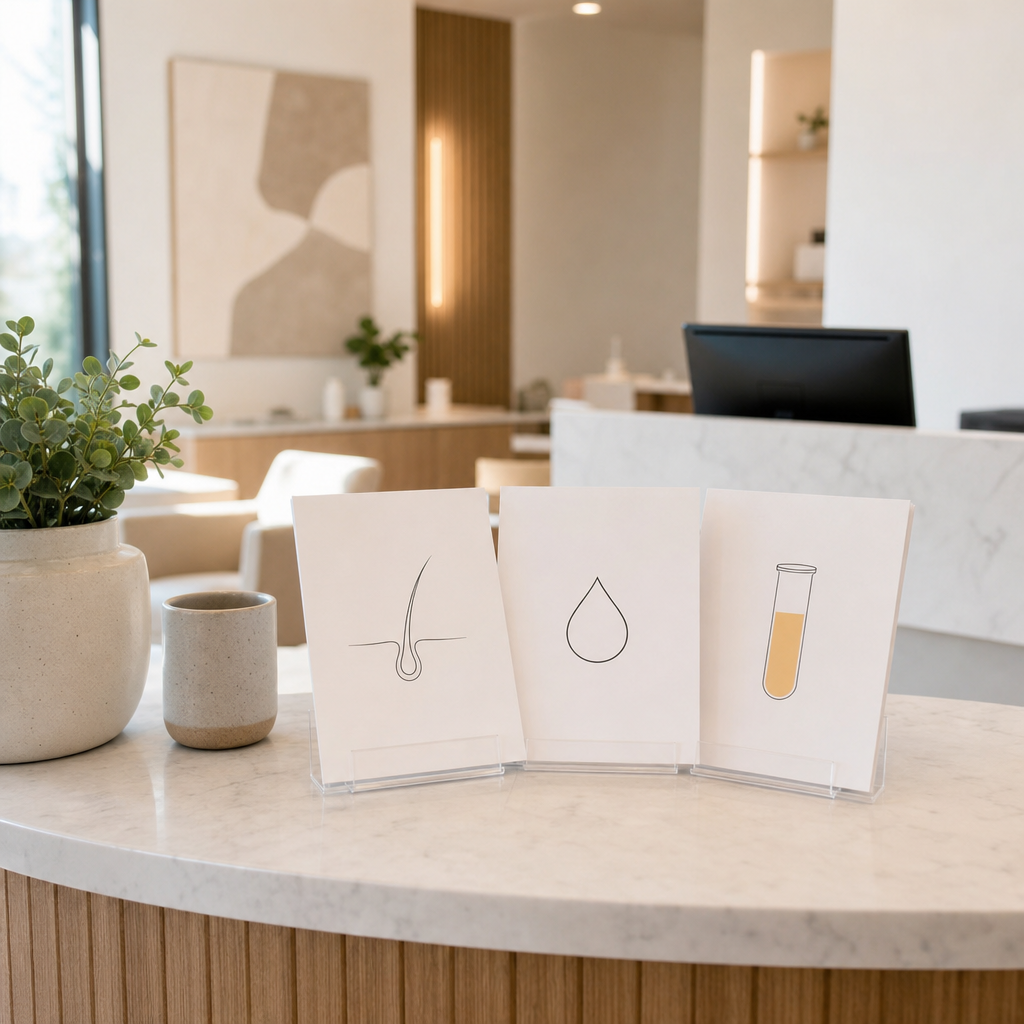 PRP and PRF treatment information cards displayed at medical spa reception desk