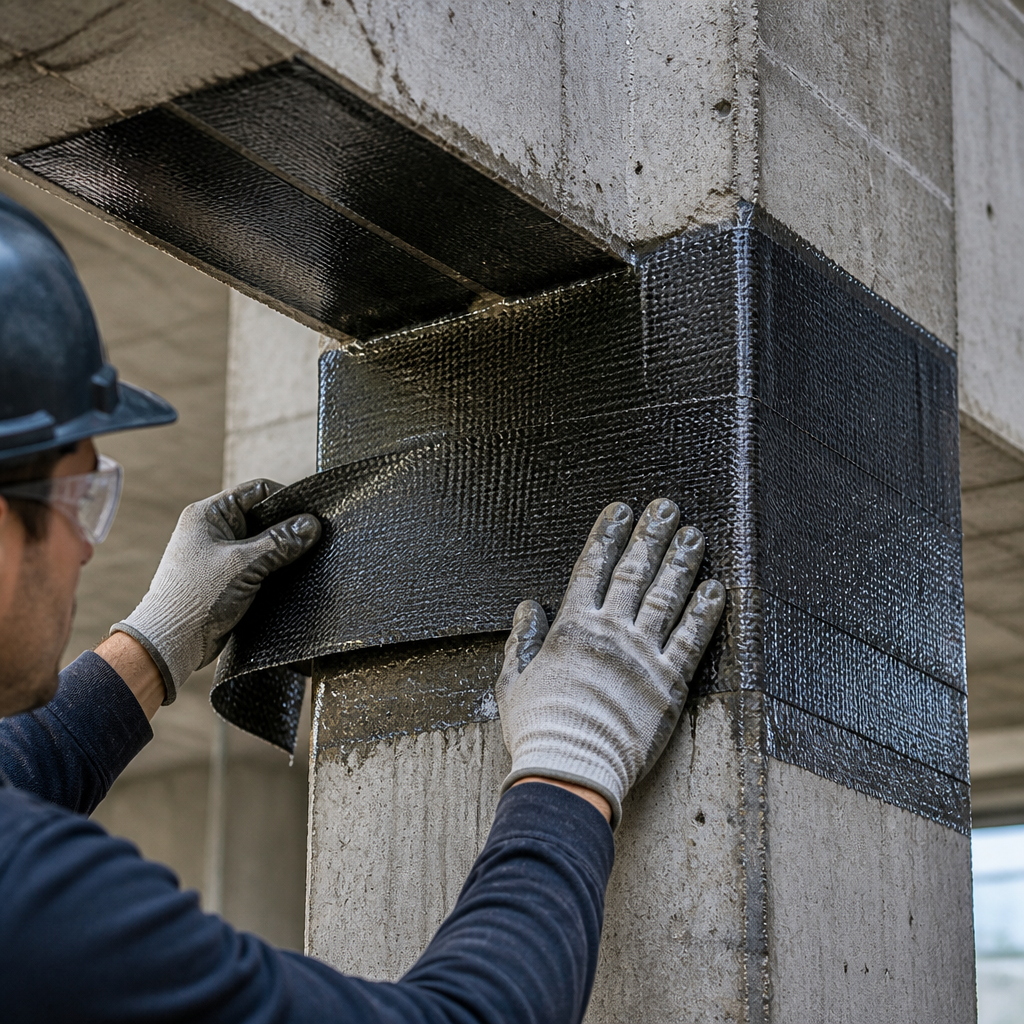 Application de fibres de carbone sur une poutre en béton, technique de renforcement structural.