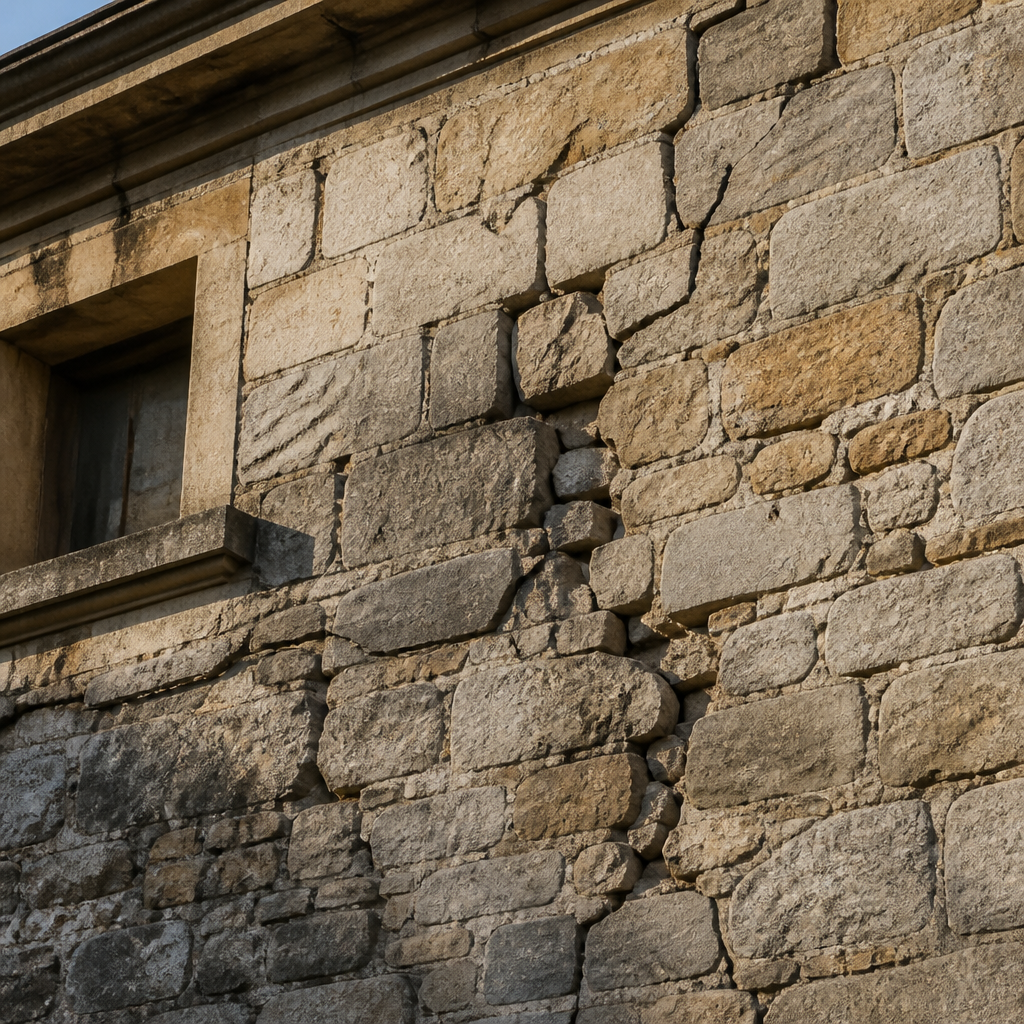 Façade en maçonnerie ancienne avec fissures structurelles nécessitant un renforcement.
