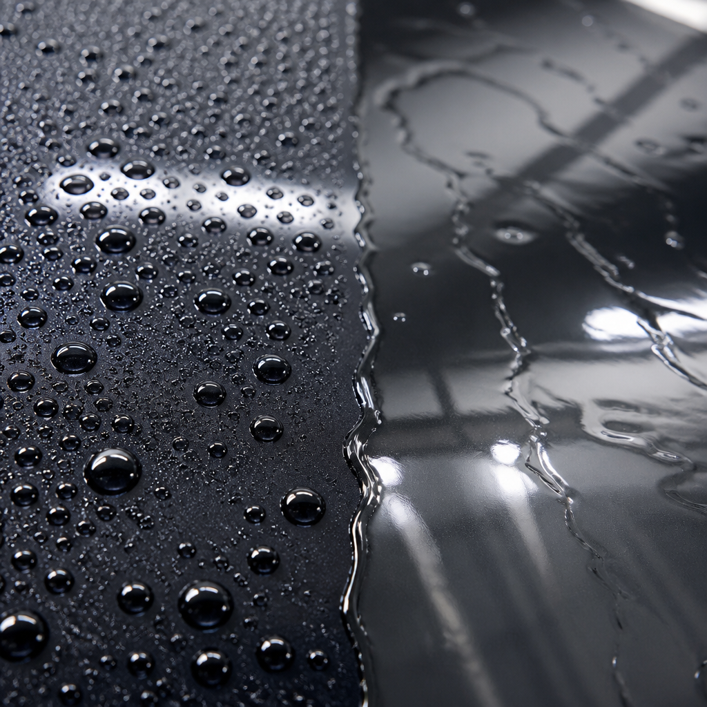 Water beading vs sheeting on ceramic coated car paint showing hydrophobic performance comparison
