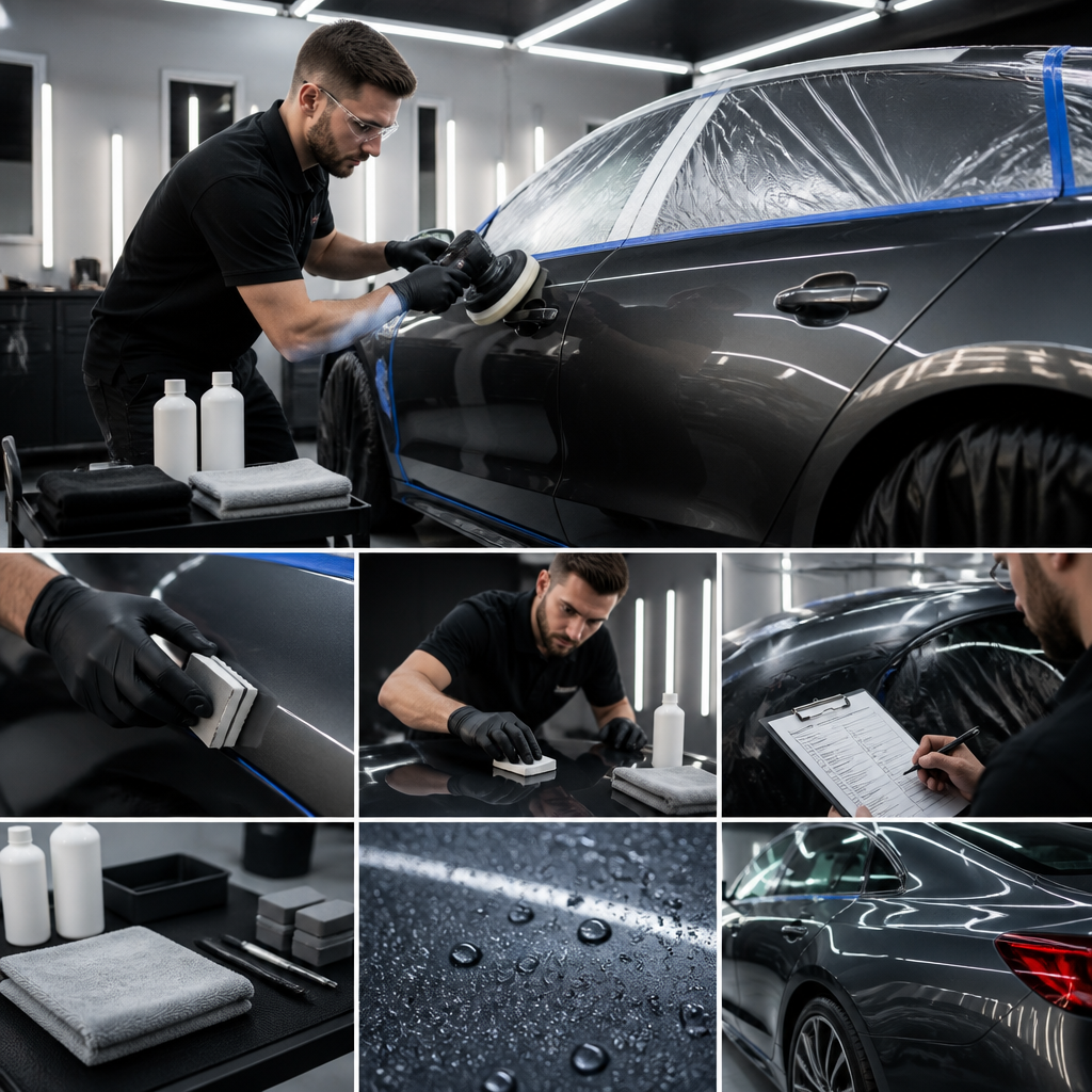 Professional ceramic coating application on luxury sedan with machine polishing equipment in detailing bay