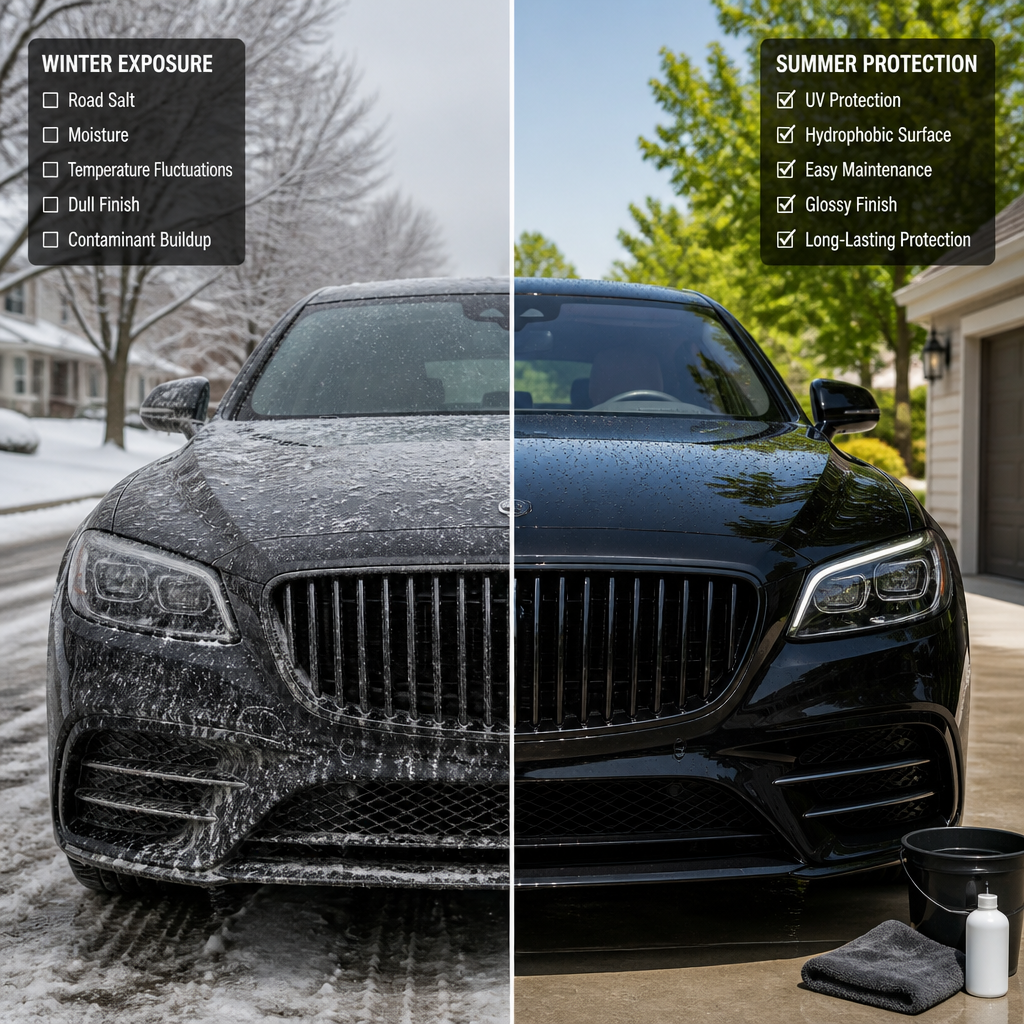 Luxury car showing winter salt damage versus fresh ceramic coating finish demonstrating seasonal maintenance needs