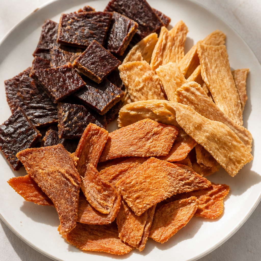 Premium air-dried meat pet treat chips displayed on a white plate, showcasing natural texture and color