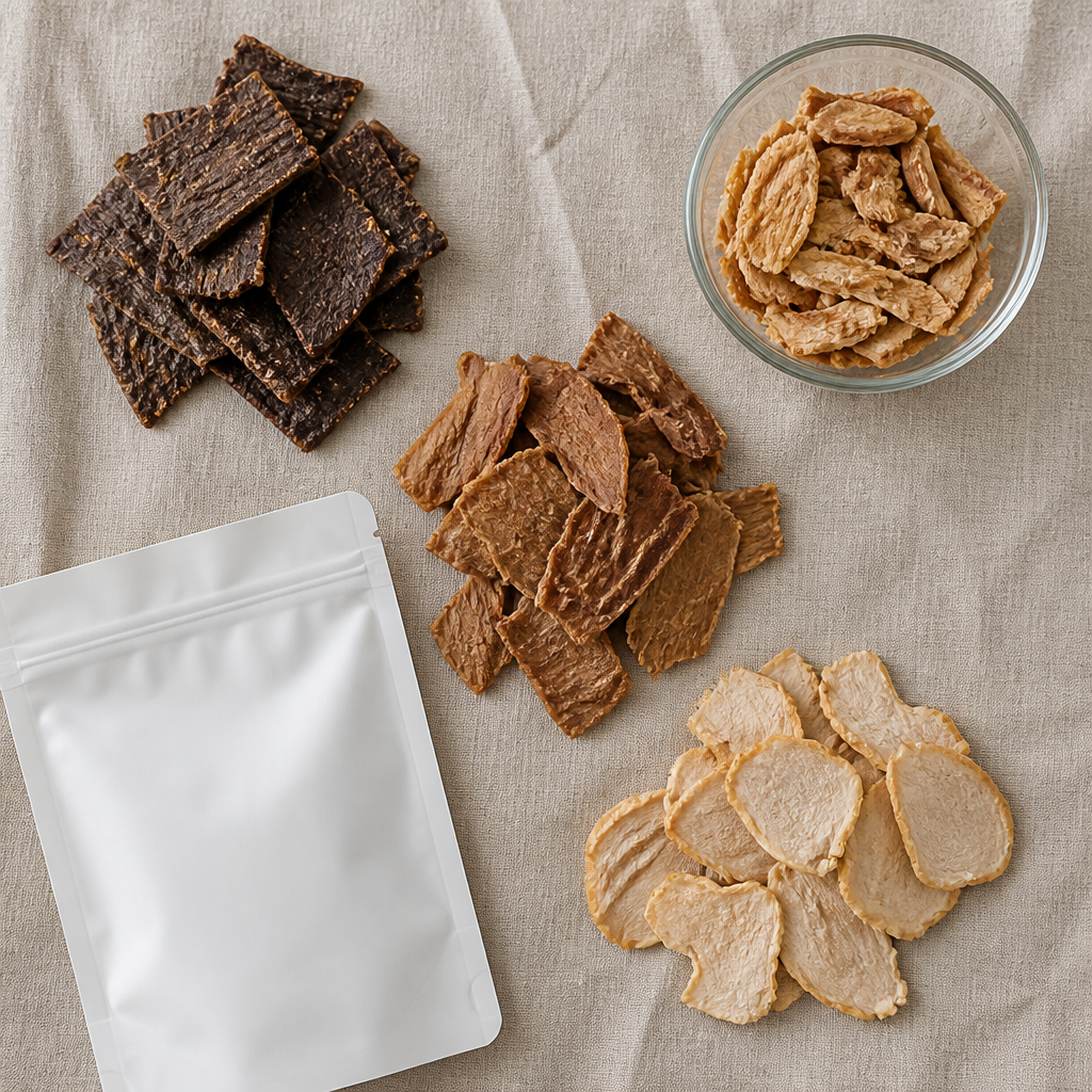 Varieties of single-ingredient air-dried meat treat chips arranged on neutral background with plain packaging