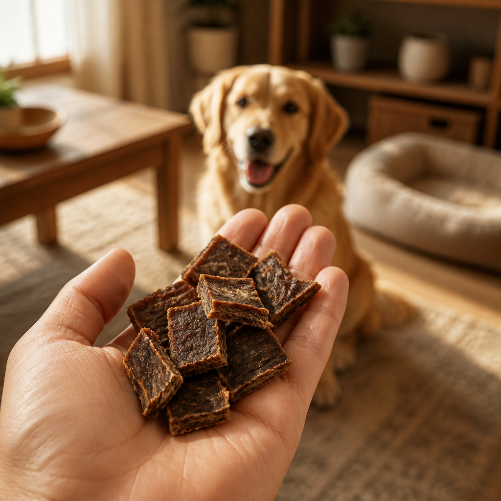 Hand holding air-dried meat treat chips in a home setting, emphasizing natural, whole-food nutrition