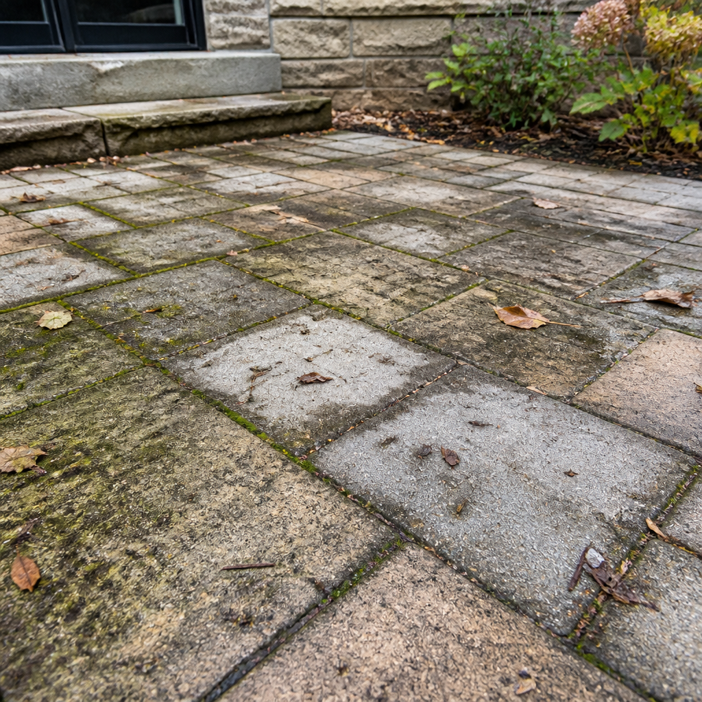 Dirty interlock patio with algae and debris before power washing in Oakville