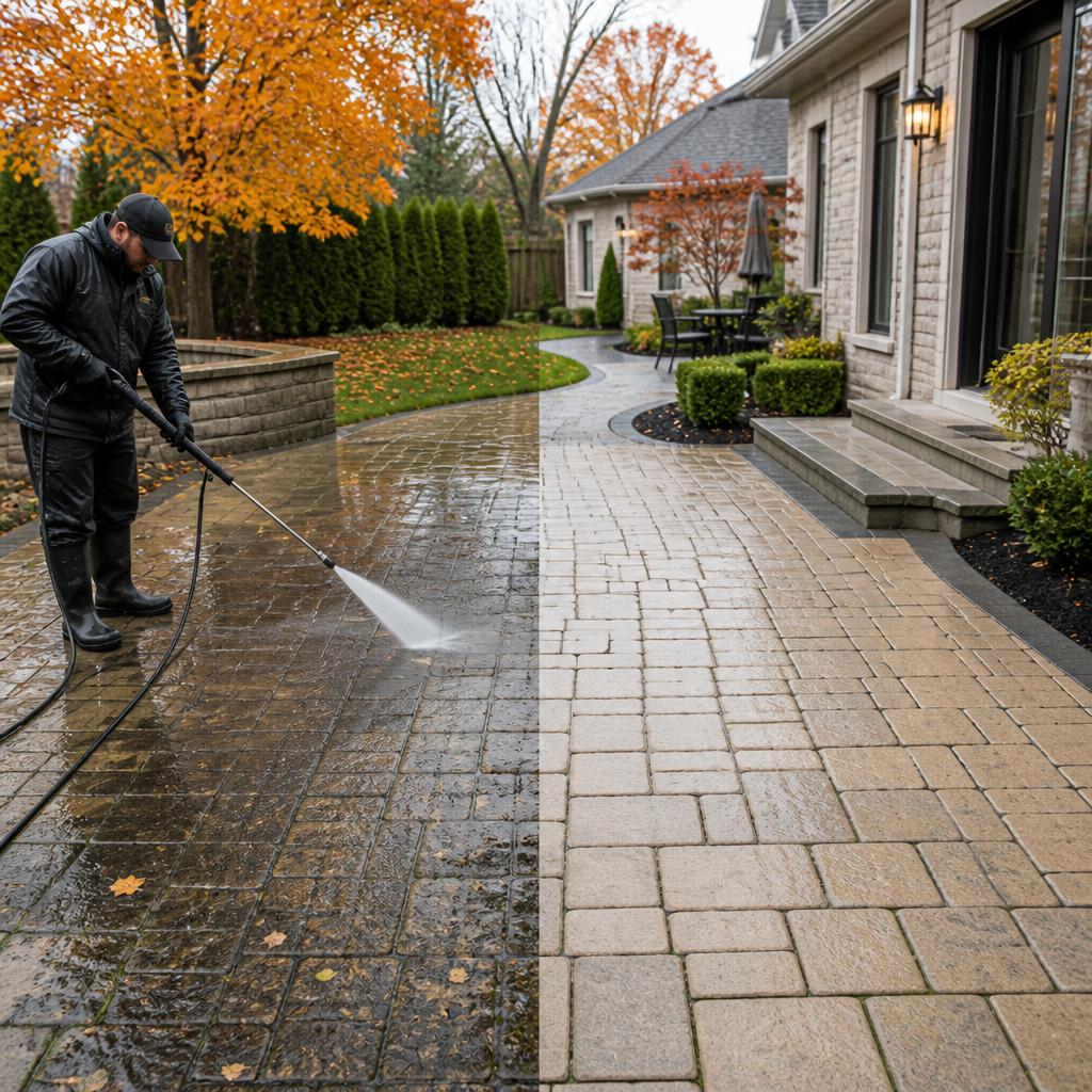 Power washing interlock patio surfaces in Oakville residential backyard